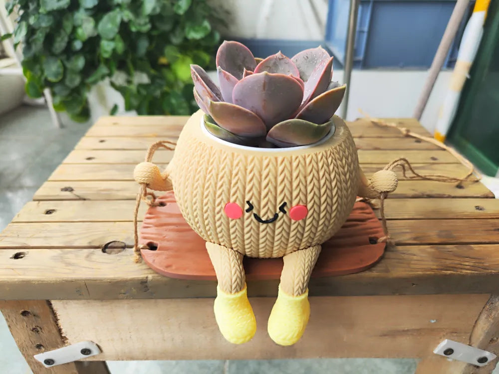 Swing Hanging Planter -Minibu® Swinging Succulent Planter | Cute Smiling Hanging Plant Pot with Swing & Yellow Boots | Kawaii Desk Decor | Gift for Home & Office