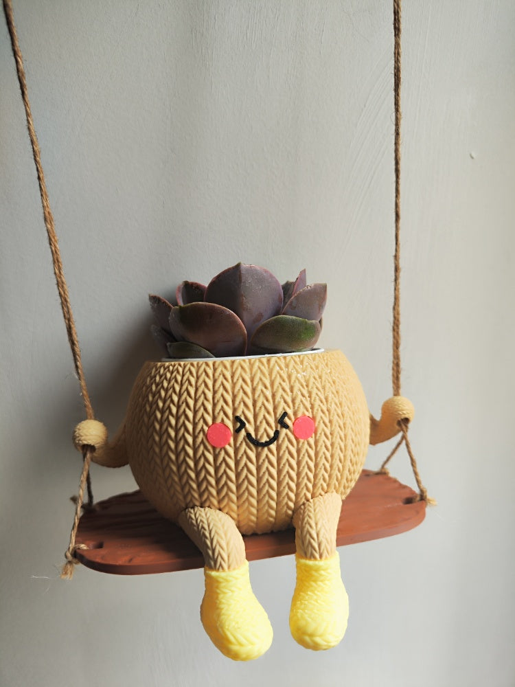Swing Hanging Planter -Minibu® Swinging Succulent Planter | Cute Smiling Hanging Plant Pot with Swing & Yellow Boots | Kawaii Desk Decor | Gift for Home & Office