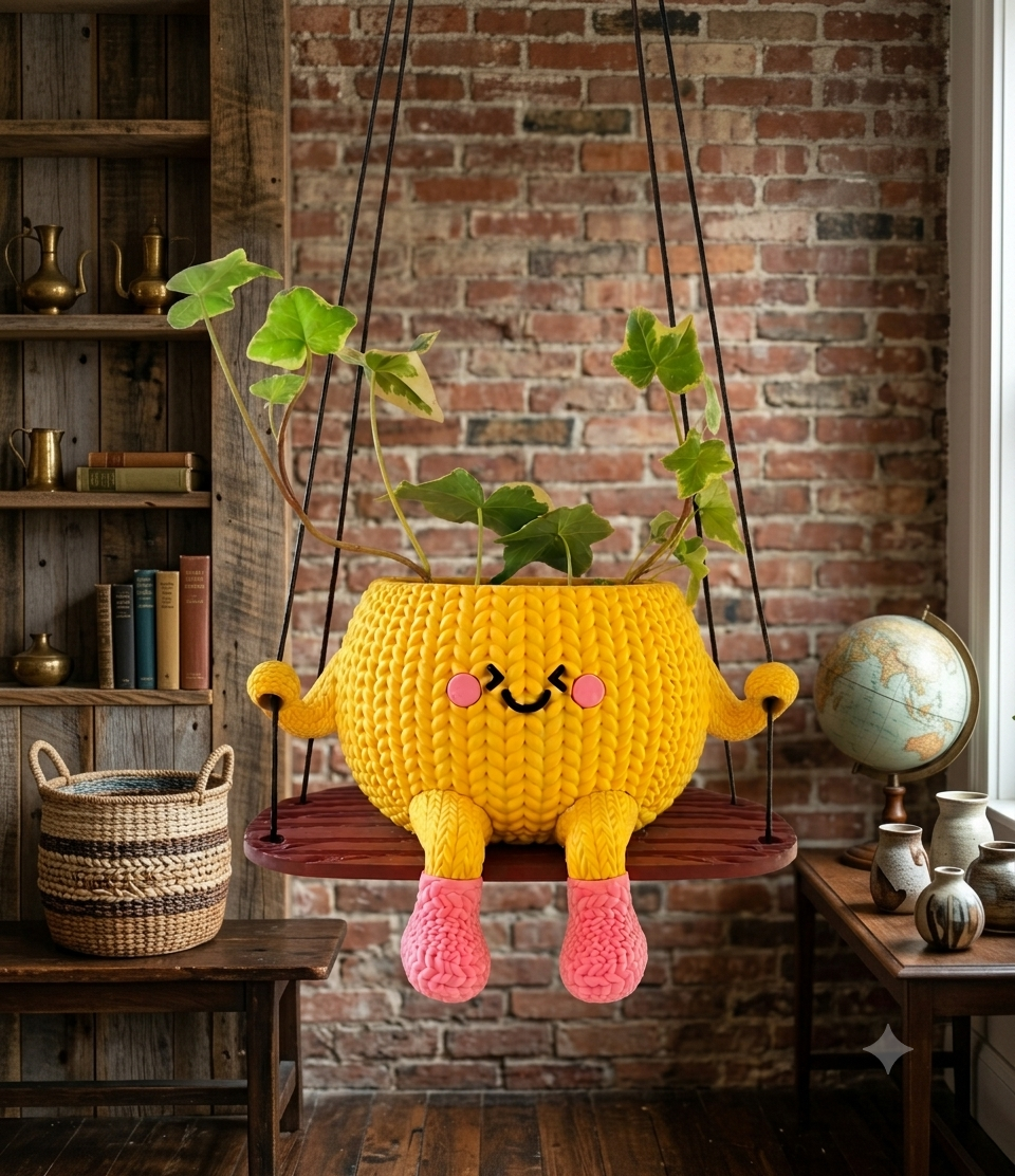 Swing Hanging Planter -Minibu® Swinging Succulent Planter | Cute Smiling Hanging Plant Pot with Swing & Yellow Boots | Kawaii Desk Decor | Gift for Home & Office
